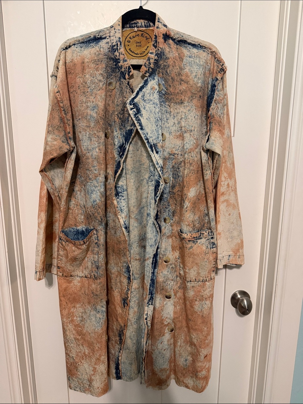 A Rare Bird Handmade One of a Kind Acid-Wash Blue & Rust Trench Coat Duster
